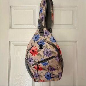 Floral Crossbody Sling Bag in Beige with Purple & Blue Flowers adjustable secure
